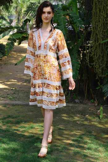 Buy Reynu Taandon White Crepe Floral, Striped V Neck Tie And Dye Dress Online at Aza Fashions Buy_Reynu Taandon_White Crepe Floral, Striped V Neck Tie And Dye Dress_Online_at_Aza_Fashions