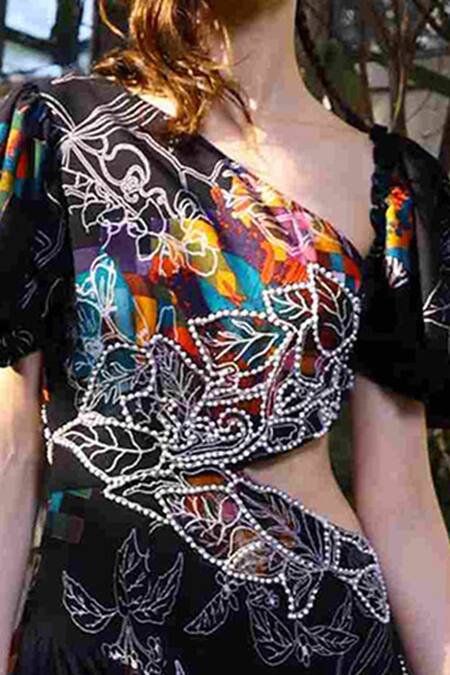 Buy_Reynu Taandon_Black Rayon Crepe Embellished Pearls Asymmetric Side Cut-out Gown_Online_at_Aza_Fashions