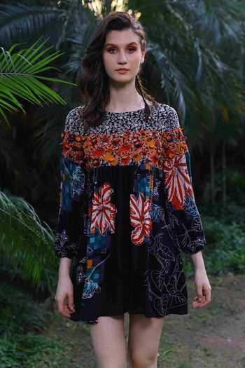 Reynu Taandon_Black Rayon Crepe Printed Floral Motifs Boat Neck Dress_Online_at_Aza_Fashions