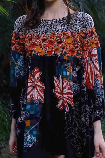 Buy_Reynu Taandon_Black Rayon Crepe Printed Floral Motifs Boat Neck Dress_Online_at_Aza_Fashions