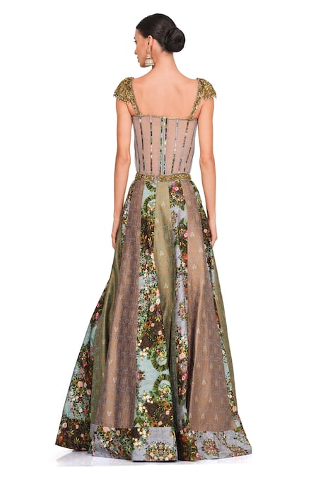 Shop Rocky Star Multi Color Brocade Floral Pattern Sweetheart Neck Printed Skirt And Corset Set at Aza Fashions Shop_Rocky Star_Multi Color Brocade Floral Pattern Sweetheart Neck Printed Skirt And Corset Set _at_Aza_Fashions