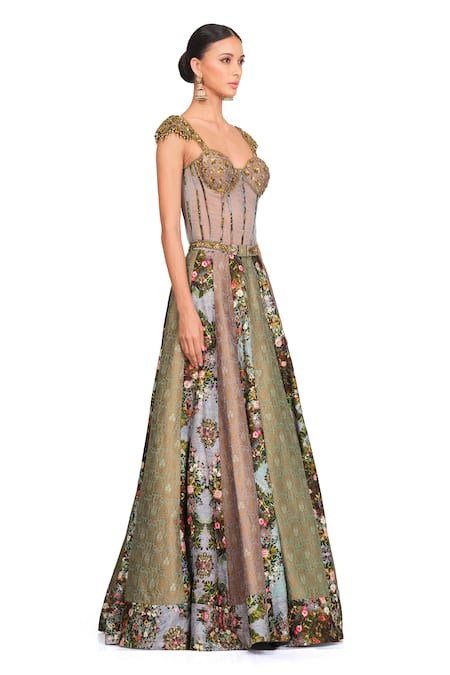 Rocky Star Multi Color Brocade Floral Pattern Sweetheart Neck Printed Skirt And Corset Set Online at Aza Fashions Rocky Star_Multi Color Brocade Floral Pattern Sweetheart Neck Printed Skirt And Corset Set _Online_at_Aza_Fashions