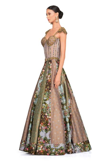 Buy Rocky Star Multi Color Brocade Floral Pattern Sweetheart Neck Printed Skirt And Corset Set Online at Aza Fashions Buy_Rocky Star_Multi Color Brocade Floral Pattern Sweetheart Neck Printed Skirt And Corset Set _Online_at_Aza_Fashions