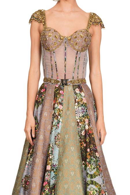 Shop Rocky Star Multi Color Brocade Floral Pattern Sweetheart Neck Printed Skirt And Corset Set Online at Aza Fashions Shop_Rocky Star_Multi Color Brocade Floral Pattern Sweetheart Neck Printed Skirt And Corset Set _Online_at_Aza_Fashions