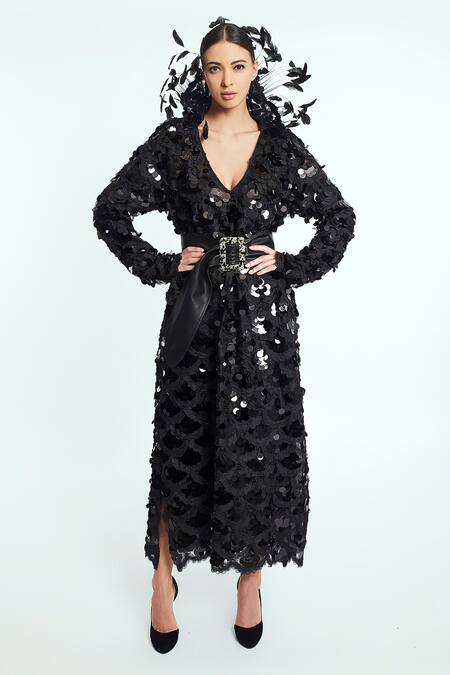 Rocky Star Black Polyester Blend Sequin Embroidered Dress