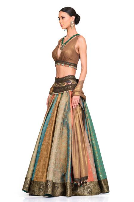 Buy_Rocky Star_Multi Color Brocade Floral Pattern Plunge V Neck High Waist Lehenga Set_Online_at_Aza_Fashions