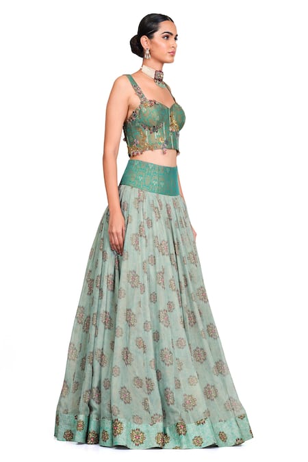 Rocky Star_Green Organza And Brocade Floral Pattern Sweetheart Neck Corset & Skirt Set_Online_at_Aza_Fashions
