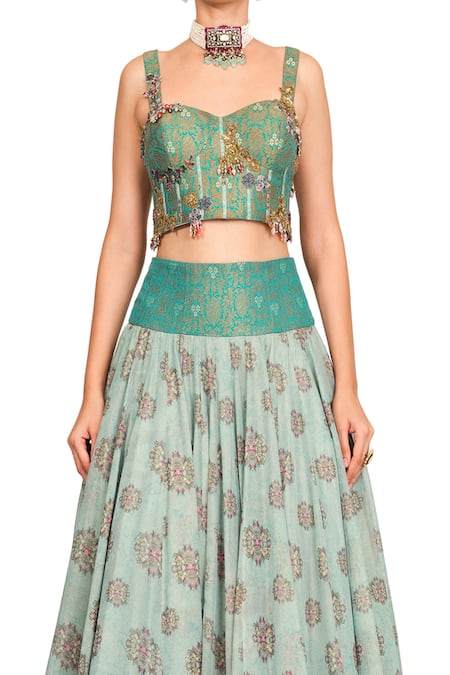 Shop_Rocky Star_Green Organza And Brocade Floral Pattern Sweetheart Neck Corset & Skirt Set_Online_at_Aza_Fashions