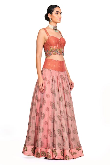 Rocky Star_Pink Organza And Brocade Floral Pattern Sweetheart Neck Corset & Skirt Set_Online_at_Aza_Fashions