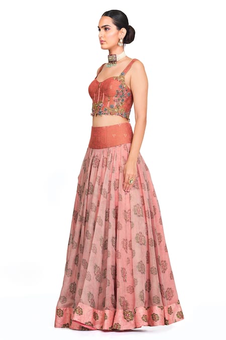 Buy_Rocky Star_Pink Organza And Brocade Floral Pattern Sweetheart Neck Corset & Skirt Set_Online_at_Aza_Fashions