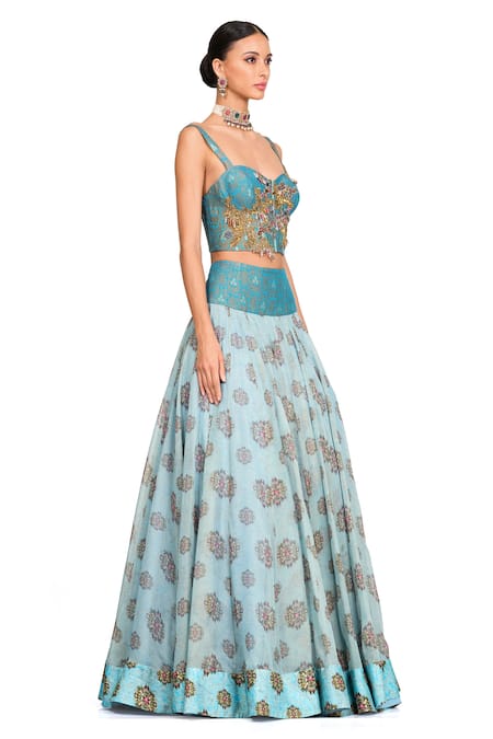Buy_Rocky Star_Blue Organza And Brocade Floral Pattern Sweetheart Neck Corset And Skirt Set _Online_at_Aza_Fashions