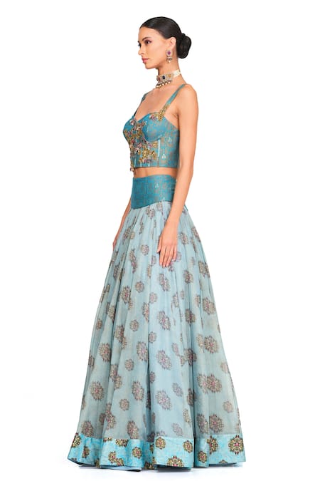 Shop_Rocky Star_Blue Organza And Brocade Floral Pattern Sweetheart Neck Corset And Skirt Set _Online_at_Aza_Fashions