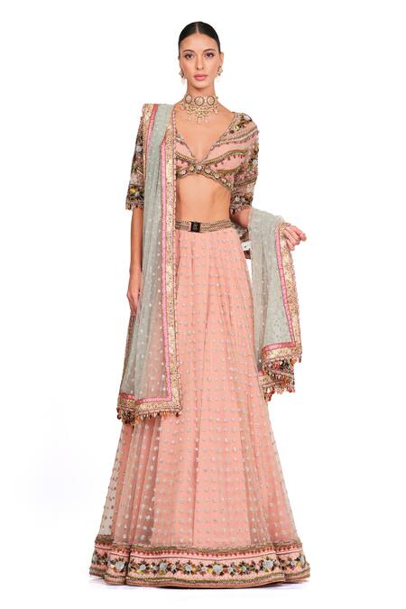 Rocky Star Pink Net, Chanderi Floral Pattern V Neck Embroidered Lehenga Set Online at Aza Fashions Rocky Star_Pink Net, Chanderi Floral Pattern V Neck Embroidered Lehenga Set_Online_at_Aza_Fashions