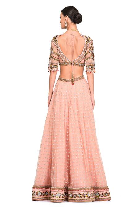 Shop Rocky Star Pink Net, Chanderi Floral Pattern V Neck Embroidered Lehenga Set at Aza Fashions Shop_Rocky Star_Pink Net, Chanderi Floral Pattern V Neck Embroidered Lehenga Set_at_Aza_Fashions
