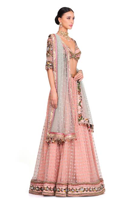 Buy Rocky Star Pink Net, Chanderi Floral Pattern V Neck Embroidered Lehenga Set Online at Aza Fashions Buy_Rocky Star_Pink Net, Chanderi Floral Pattern V Neck Embroidered Lehenga Set_Online_at_Aza_Fashions