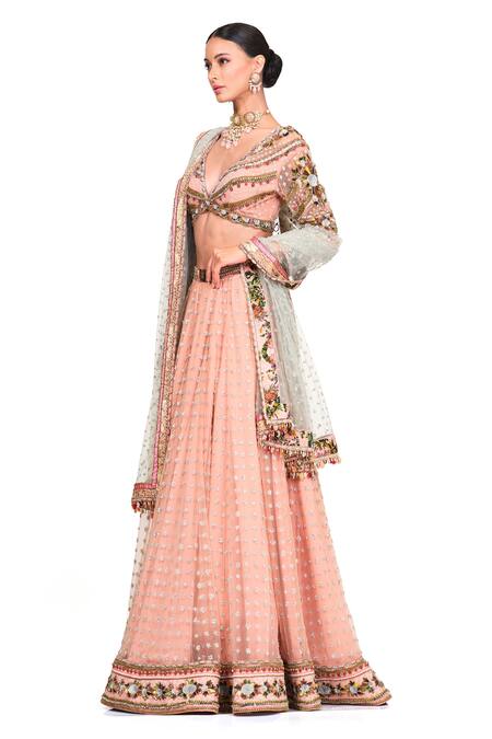 Shop Rocky Star Pink Net, Chanderi Floral Pattern V Neck Embroidered Lehenga Set Online at Aza Fashions Shop_Rocky Star_Pink Net, Chanderi Floral Pattern V Neck Embroidered Lehenga Set_Online_at_Aza_Fashions