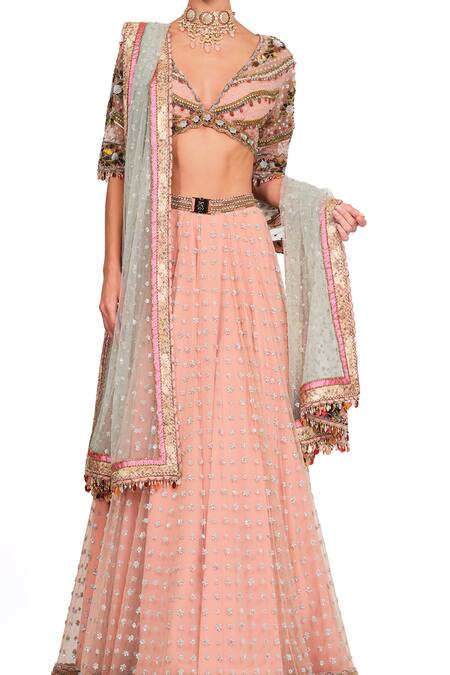 Rocky Star Pink Net, Chanderi Floral Pattern V Neck Embroidered Lehenga Set at Aza Fashions Rocky Star_Pink Net, Chanderi Floral Pattern V Neck Embroidered Lehenga Set_at_Aza_Fashions