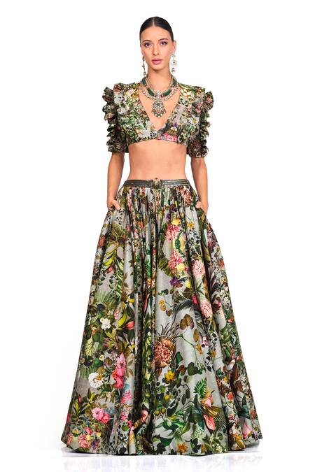 Rocky Star_Multi Color Raw Silk Floral V Neck Printed Bustier And Lehenga Set_Online_at_Aza_Fashions