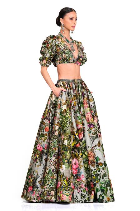 Buy_Rocky Star_Multi Color Raw Silk Floral V Neck Printed Bustier And Lehenga Set_Online_at_Aza_Fashions