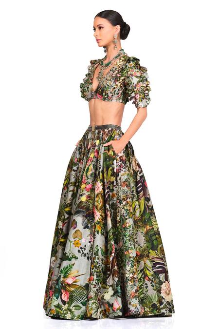 Shop_Rocky Star_Multi Color Raw Silk Floral V Neck Printed Bustier And Lehenga Set_Online_at_Aza_Fashions