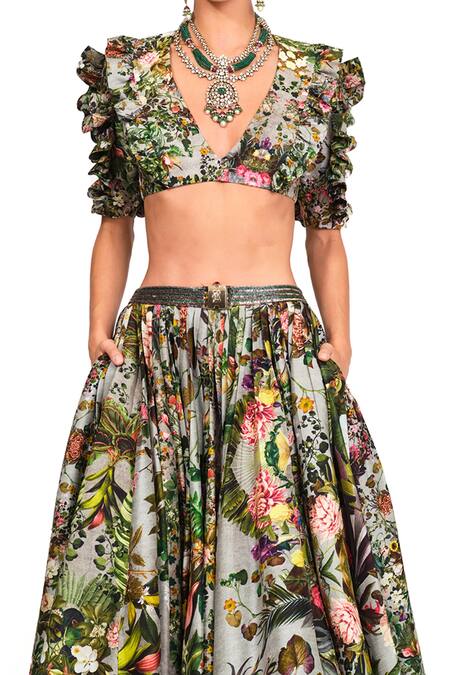 Rocky Star_Multi Color Raw Silk Floral V Neck Printed Bustier And Lehenga Set_at_Aza_Fashions