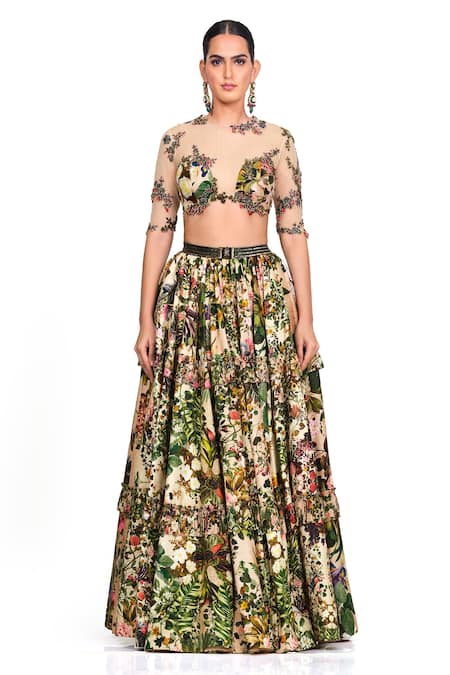 Rocky Star Multi Color Raw Silk Printed Floral Round Bustier And Skirt Set 