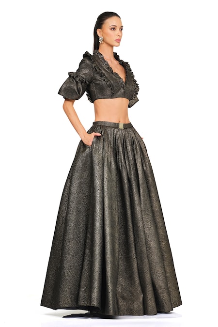 Rocky Star_Gold Polyester Lurex Geometric Ruffled Neck Woven Blouse And Skirt Set_Online_at_Aza_Fashions