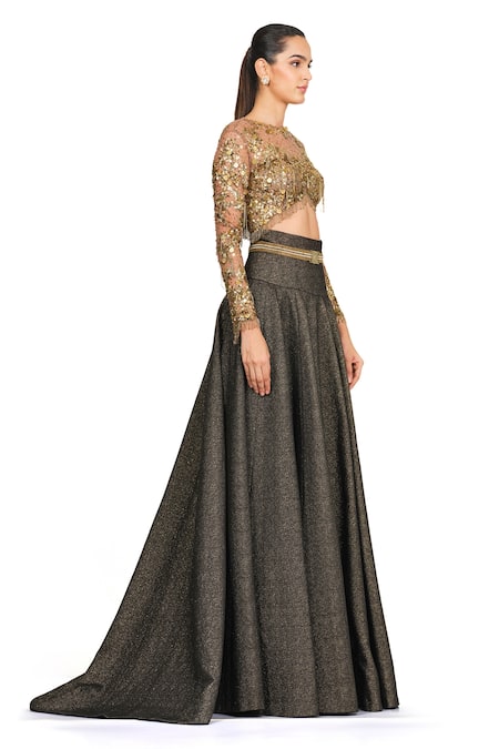 Rocky Star_Gold Polyester Lurex Sequin, Tassel Round Embroidered Bustier And Skirt Set_Online_at_Aza_Fashions