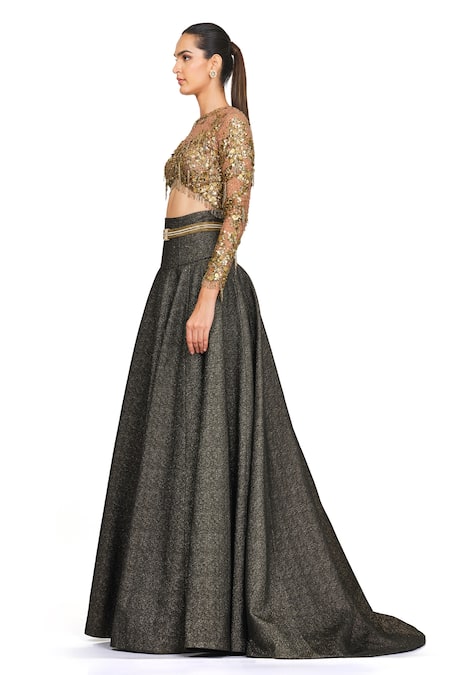 Buy_Rocky Star_Gold Polyester Lurex Sequin, Tassel Round Embroidered Bustier And Skirt Set_Online_at_Aza_Fashions