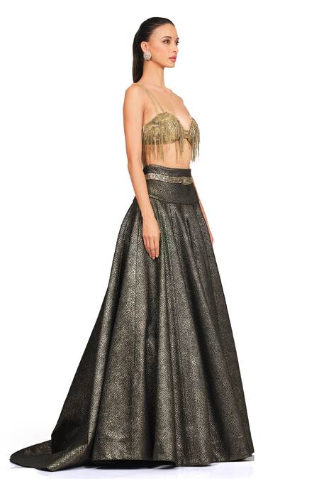 Rocky Star_Gold Polyester Lurex Stone, Tassel Sweetheart Embellished Bustier And Skirt Set_Online_at_Aza_Fashions