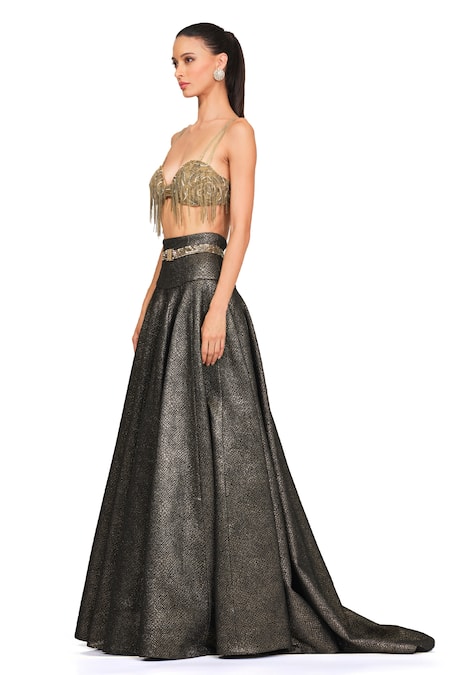 Buy_Rocky Star_Gold Polyester Lurex Stone, Tassel Sweetheart Embellished Bustier And Skirt Set_Online_at_Aza_Fashions