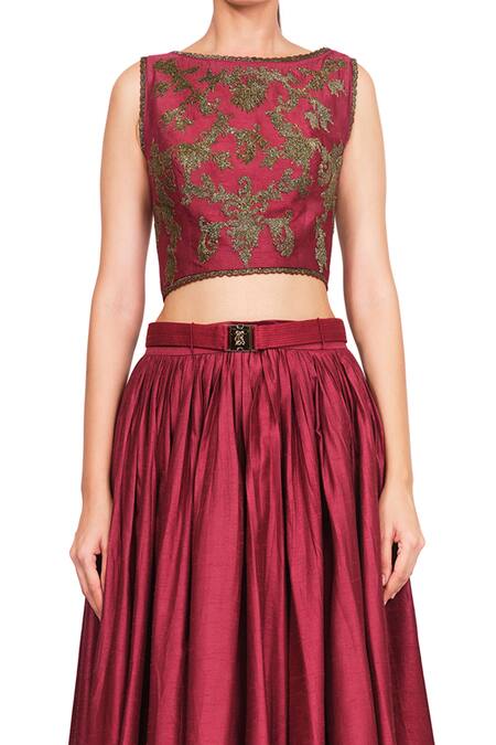 Shop_Rocky Star_Maroon Raw Silk Cutdana, Floral Boat Neck Blouse And Skirt Set_Online_at_Aza_Fashions