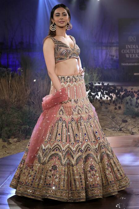 Reynu Taandon Pink Net, Chanderi Silk Embroidered Bridal Lehenga Set Online at Aza Fashions Reynu Taandon_Pink Net, Chanderi Silk Embroidered Bridal Lehenga Set _Online_at_Aza_Fashions
