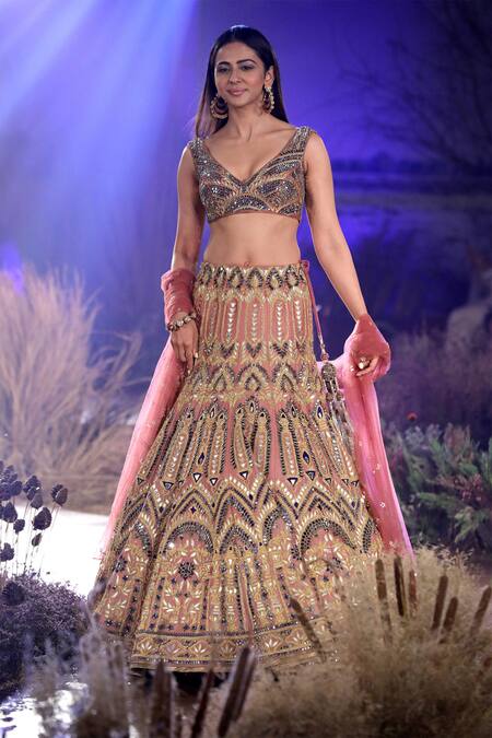 Buy Reynu Taandon Pink Net, Chanderi Silk Embroidered Bridal Lehenga Set Online at Aza Fashions Buy_Reynu Taandon_Pink Net, Chanderi Silk Embroidered Bridal Lehenga Set _Online_at_Aza_Fashions