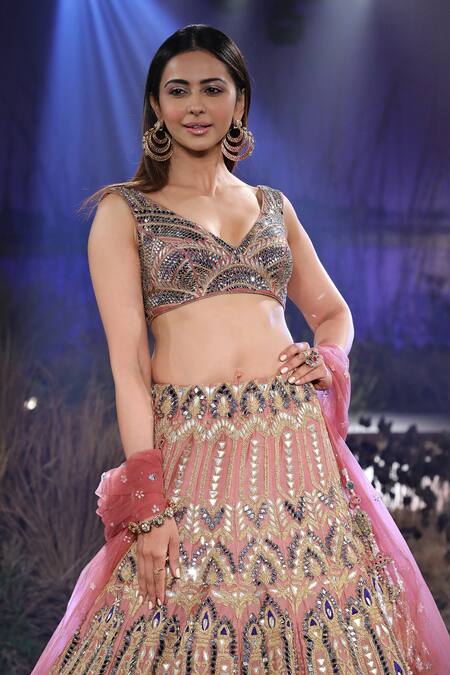 Shop Reynu Taandon Pink Net, Chanderi Silk Embroidered Bridal Lehenga Set Online at Aza Fashions Shop_Reynu Taandon_Pink Net, Chanderi Silk Embroidered Bridal Lehenga Set _Online_at_Aza_Fashions