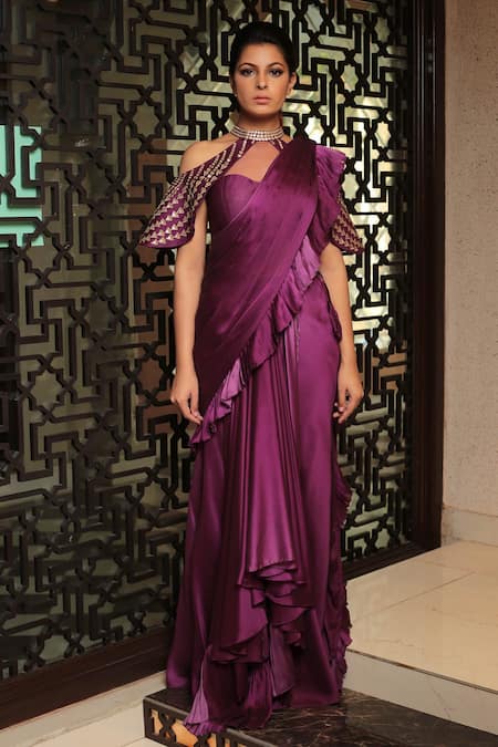 Reynu Taandon Purple Chanderi Silk Sweetheart Neck Frill Pre-draped Saree 