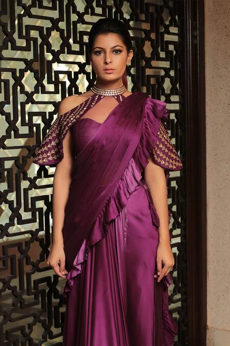 Buy Reynu Taandon Purple Chanderi Silk Sweetheart Neck Frill Pre-draped Saree Online at Aza Fashions Buy_Reynu Taandon_Purple Chanderi Silk Sweetheart Neck Frill Pre-draped Saree _Online_at_Aza_Fashions