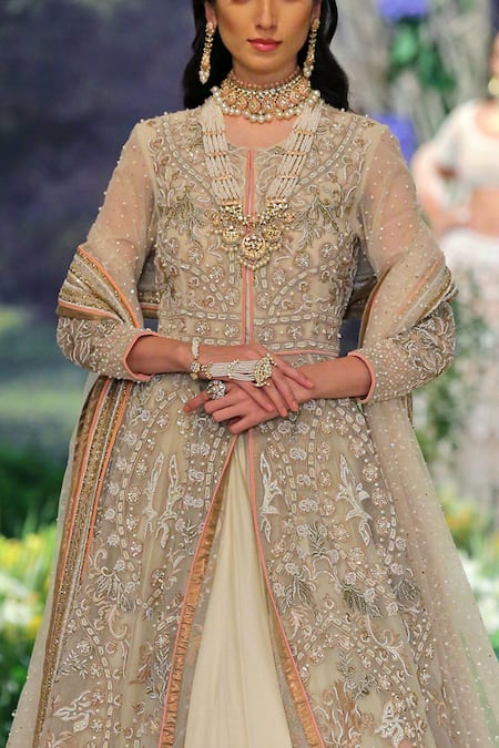 Reynu Taandon_Grey Lehenga Chanderi Silk Embroidered Jacket And Set_Online_at_Aza_Fashions