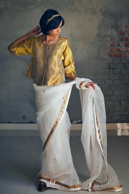 Shorshe Clothing_Gold Handwoven Tissue Round Blouse _Online_at_Aza_Fashions