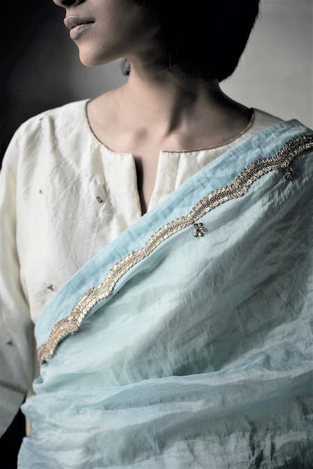 Shop_Shorshe Clothing_White Mulberry Silk Sequin Notched Blouse _at_Aza_Fashions