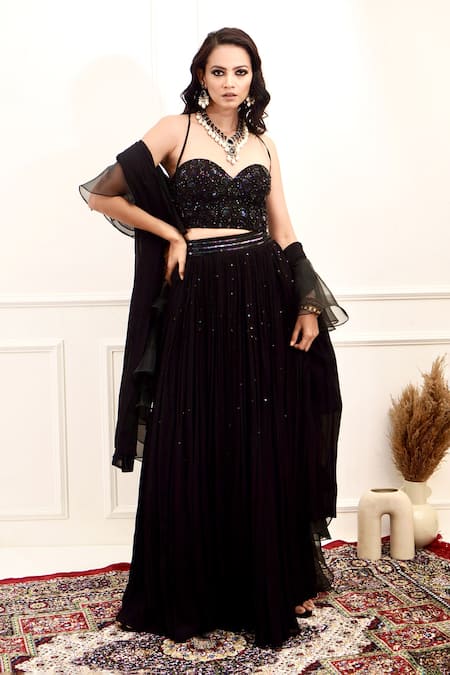 Black Power Shoulder Embellished Corset Blouse With Embellished Lehenga And  Dupatta at Rs 45000 in Mumbai