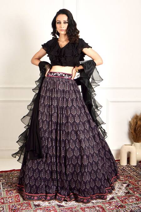 Rashika Sharma_Black , Dupatta And Organza, Lining Imaara Print Lehenga Set _Online_at_Aza_Fashions