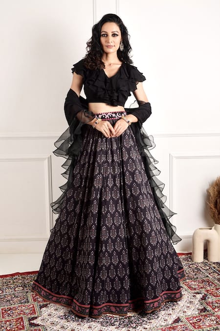 Buy_Rashika Sharma_Black , Dupatta And Organza, Lining Imaara Print Lehenga Set _Online_at_Aza_Fashions
