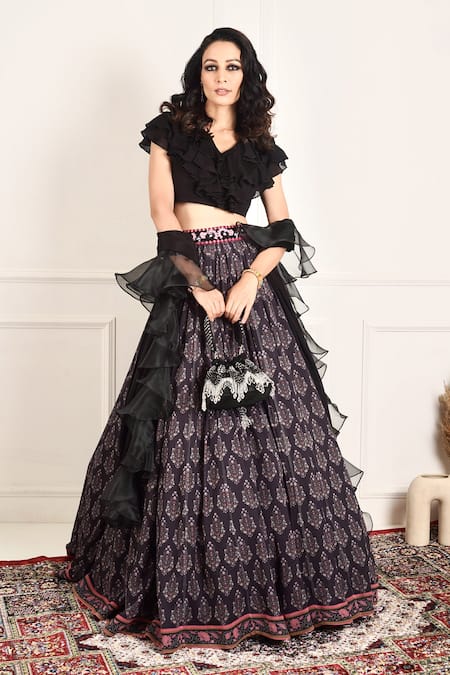 Shop_Rashika Sharma_Black , Dupatta And Organza, Lining Imaara Print Lehenga Set _Online_at_Aza_Fashions