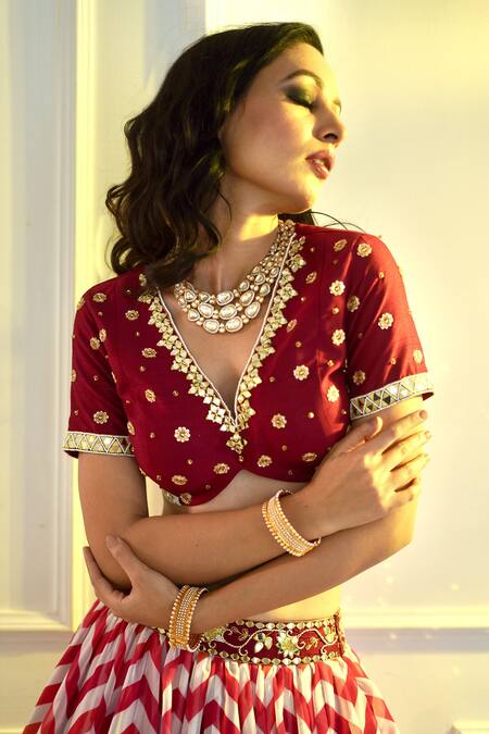 Rashika Sharma_Maroon Blouse Chanderi Silk, Dupatta Net, Lehenga Georgette, Myrah Set _at_Aza_Fashions