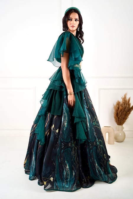 Rashika Sharma_Green Meesha Marble Print Lehenga Set _Online_at_Aza_Fashions