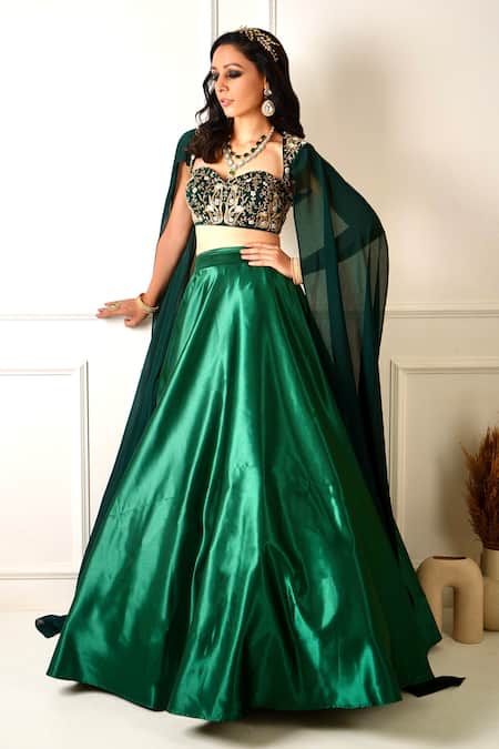 Shop_Rashika Sharma_Green Meera Satin Lehenga And Blouse Set _Online_at_Aza_Fashions