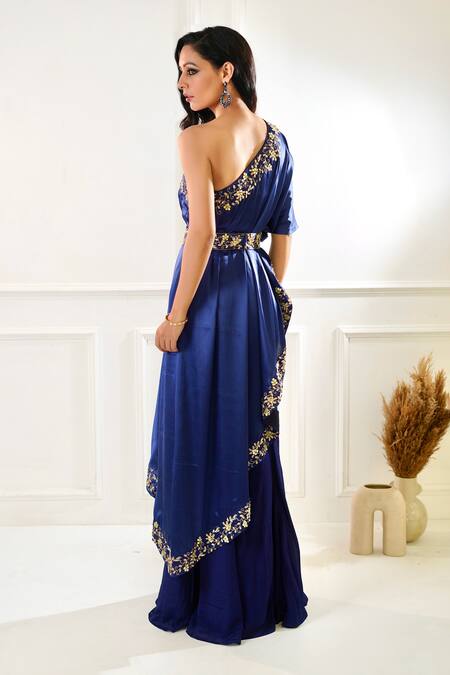 Shop_Rashika Sharma_Blue Satin, Lining Shantoon, Sharara Chiffon Sehar Embroidered Cape Set _at_Aza_Fashions