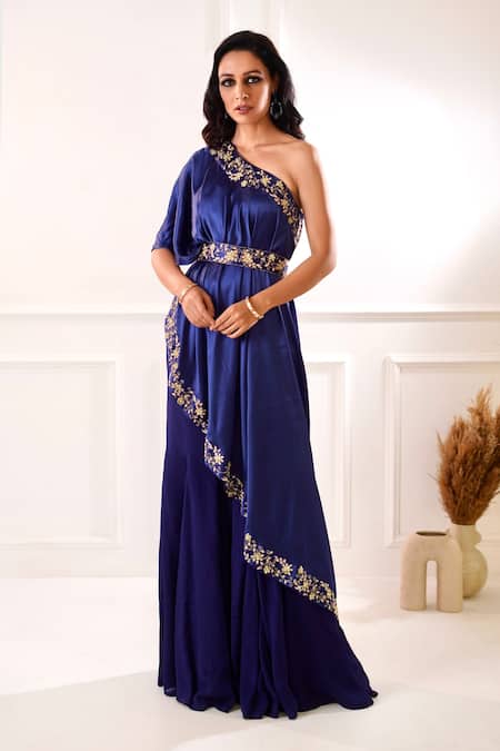 Rashika Sharma_Blue Satin, Lining Shantoon, Sharara Chiffon Sehar Embroidered Cape Set _Online_at_Aza_Fashions