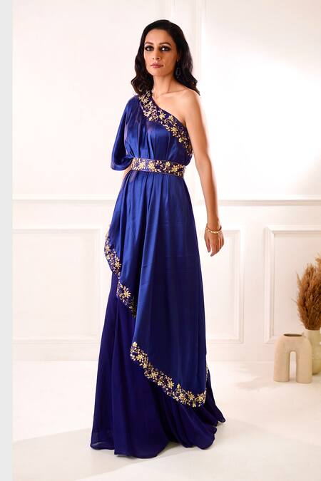 Buy_Rashika Sharma_Blue Satin, Lining Shantoon, Sharara Chiffon Sehar Embroidered Cape Set _Online_at_Aza_Fashions